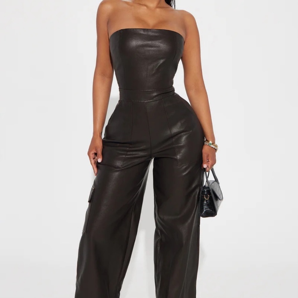 All The Beauty Faux Leather Jumpsuit - Brown (NWT)